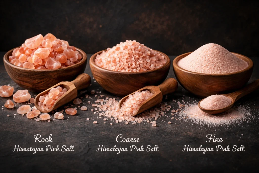 Apakah Garam Himalaya Lebih Sehat dari Garam Biasa? rock himalayan pink salt, coarse himalayan pink salt dan fine himalayan pink salt