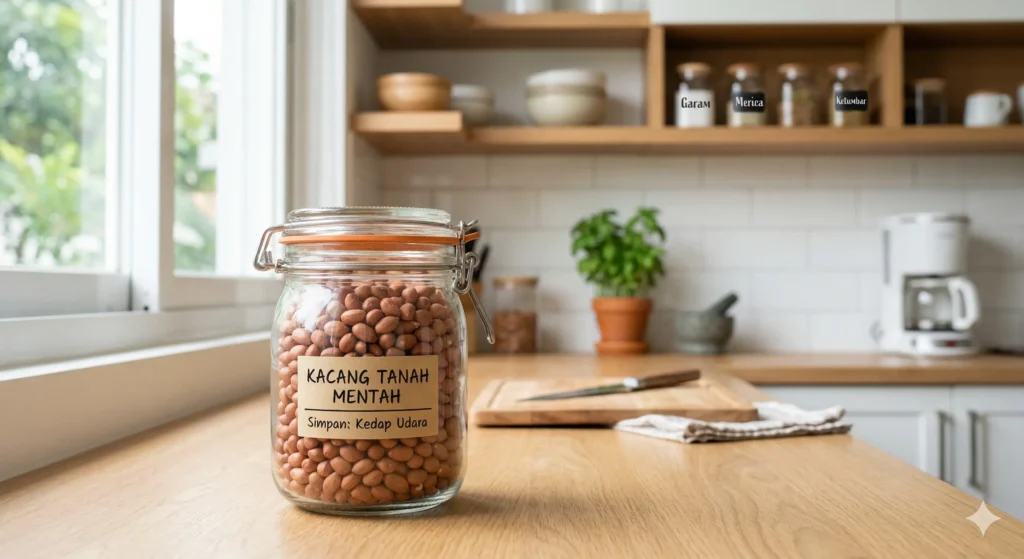 5 Cara Menyimpan Kacang Tanah Agar Tidak Cepat Tengik dan Berjamur Kacang tanah mentah disimpan dalam toples kaca kedap udara di dapur bersih agar menghindari bau tengik dan munculnya jamur.