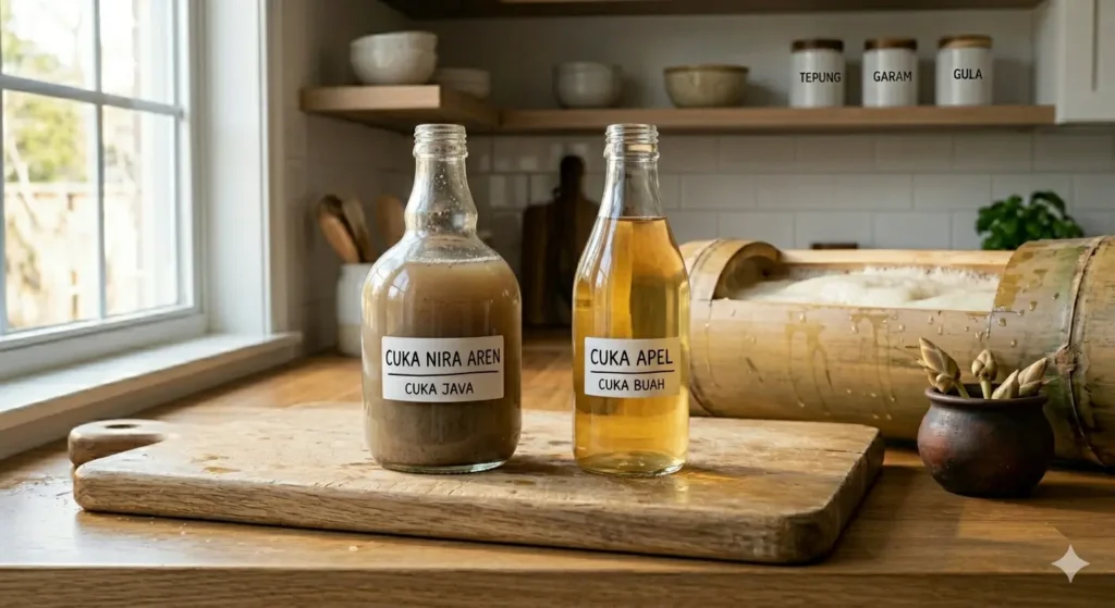Perbedaan cuka aren atau cuka nira yang berwarna cokelat keruh alami dibandingkan dengan cuka apel yang berwarna kuning jernih.