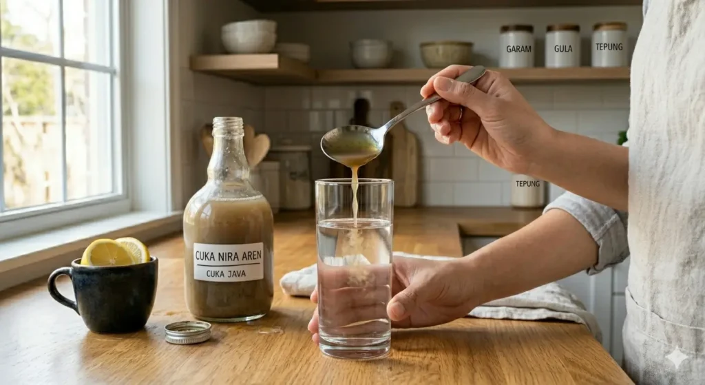 Cara mengonsumsi cuka aren (nira) dengan melarutkan 1-2 sendok makan cuka aren ke dalam satu gelas air berisi 250 ml