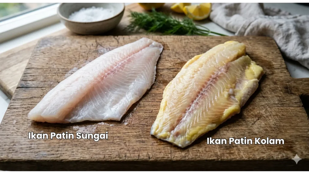 Perbandingan visual dua fillet ikan patin: satu putih bersih (ikan patin sungai) dan satu berlemak kekuningan (ikan patin kolam)