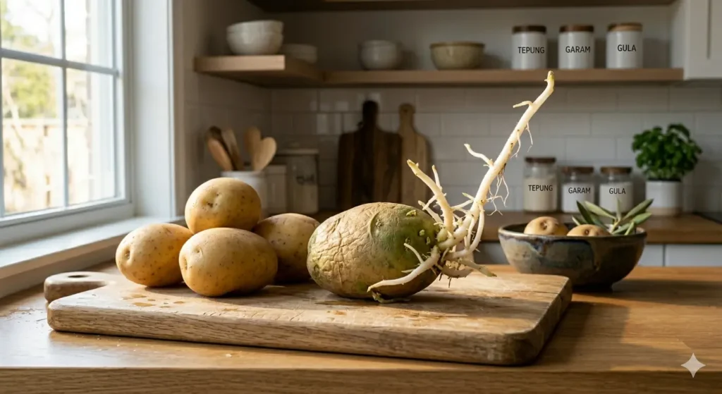 Ciri ciri kentang beracun dengan tunas yang sudah tumbuh panjang dan berwarna kehijauan.