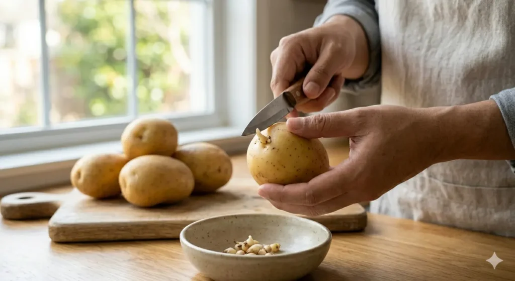 Cara mengolah kentang yang benar dengan membuang tunas dan kulit hijau untuk mengurangi racun solanin.