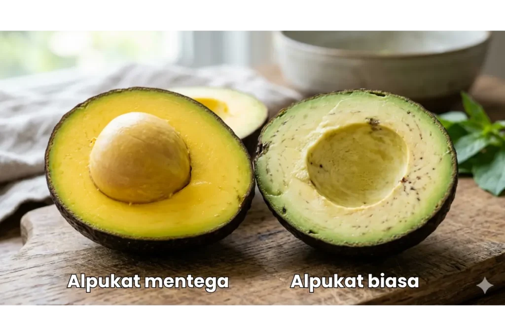 Perbandingan visual daging alpukat mentega yang berwarna kuning cerah dibandingkan alpukat biasa yang lebih pucat