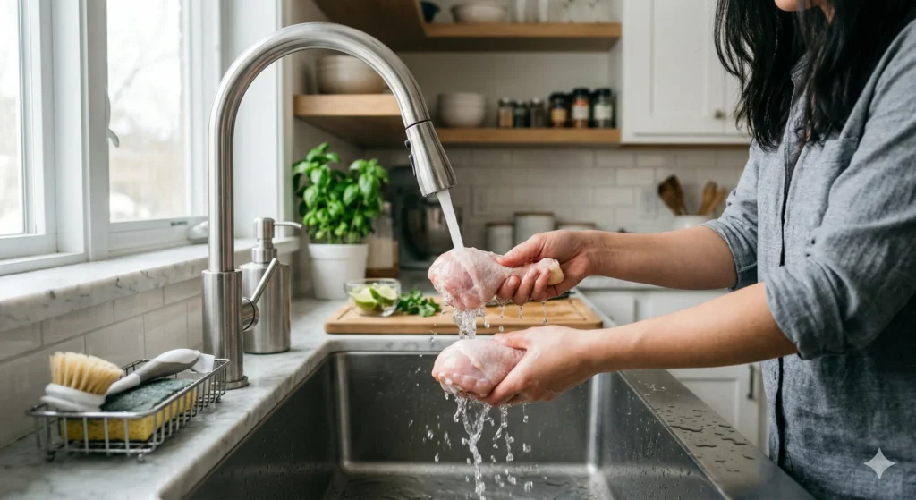 Mitos atau Fakta: Apakah Mencuci Daging Ayam Mentah Justru Menyebarkan Bakteri? Daging ayam mentah yang dicuci dengan air mengalir yang dapat menyebarkan bakteri.