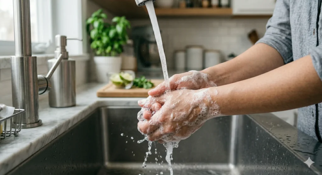 Mitos atau Fakta: Apakah Mencuci Daging Ayam Mentah Justru Menyebarkan Bakteri? Seseorang sedang mencuci tangan dengan sabun di bawah air setelah menyentuh daging ayam mentah guna menceghan kontaminasi silang dari bakteri pada permukaan daging ayam ke bahan makanan atau peralatan memasak.