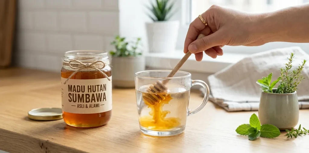 Cara konsumsi madu hutan sumbawa untuk tetap menjaga kualitas madu dengan melarutkan 1 sendok makan madu hutan Sumbawa ke dalam air hangat menggunakan sendok kayu atau plastik
