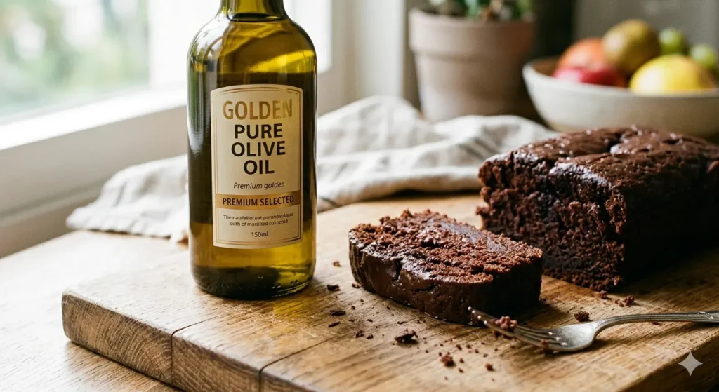 Ganti Mentega dengan Minyak Zaitun Saat Membuat Kue? Simak Aturannya Agar Tetap Enak! Foto real botol minyak zaitun emas bersanding dengan bolu cokelat lembap yang sudah dipotong di atas talenan kayu dengan cahaya alami dimana minyak zaitun digunakan sebagai pengganti mentega.