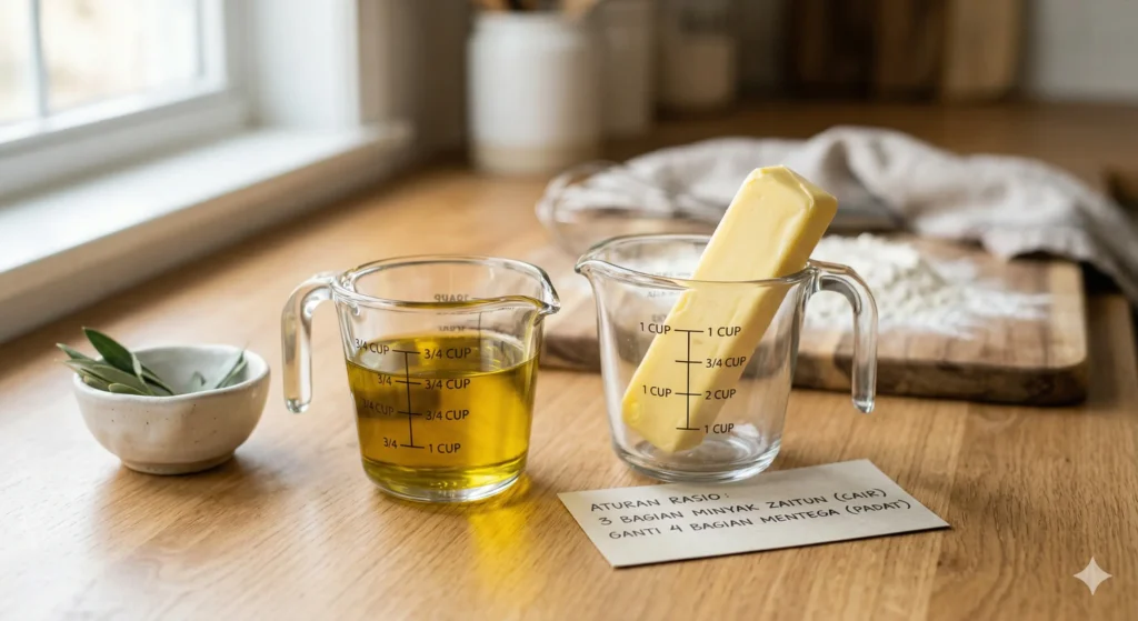 Ganti Mentega dengan Minyak Zaitun Saat Membuat Kue? Simak Aturannya Agar Tetap Enak! Aturan rasio 3:4 penggunaan minyak zaitun untuk memasak sebagai pengganti mentega dalam baking atau membuat kue.