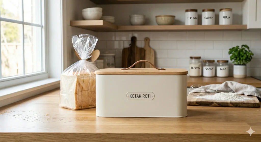 Roti tawar disimpan menggunakan wadah kedap udara dan tertutup untuk menghindari spora jamur.