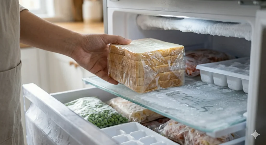 Roti tawar yang sudah dibungkus plastik wrap rapi dimasukkan ke dalam freezer kulkas untuk penyimpanan jangka panjang (1-3 bulan).