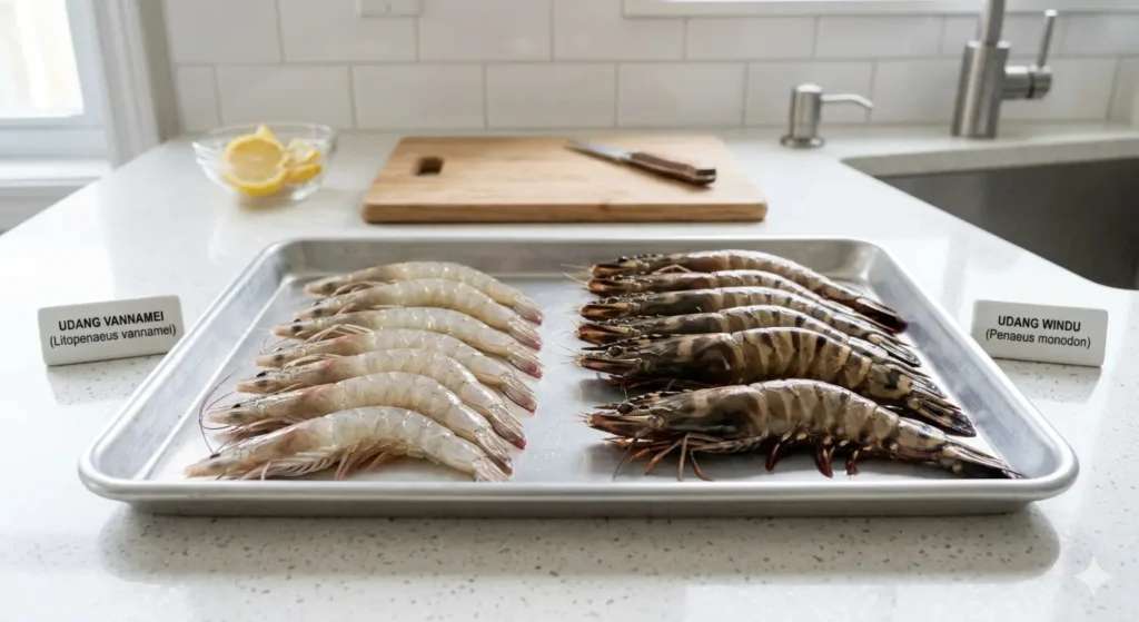 Perbedaan udang vaname yang berukuran lebih kecil dengan warna pucat, sedangkan udang windu berukuran lebih besar dan memiliki garis hitam