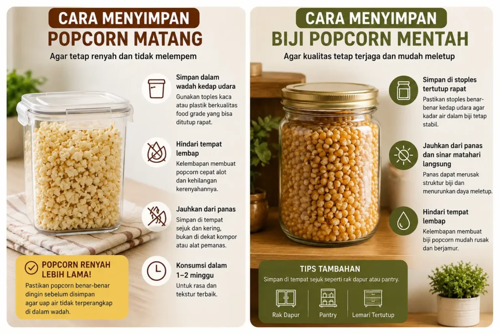 Cara simpan popcorn matang di wadah kedap udara dan biji popcorn di dalam toples