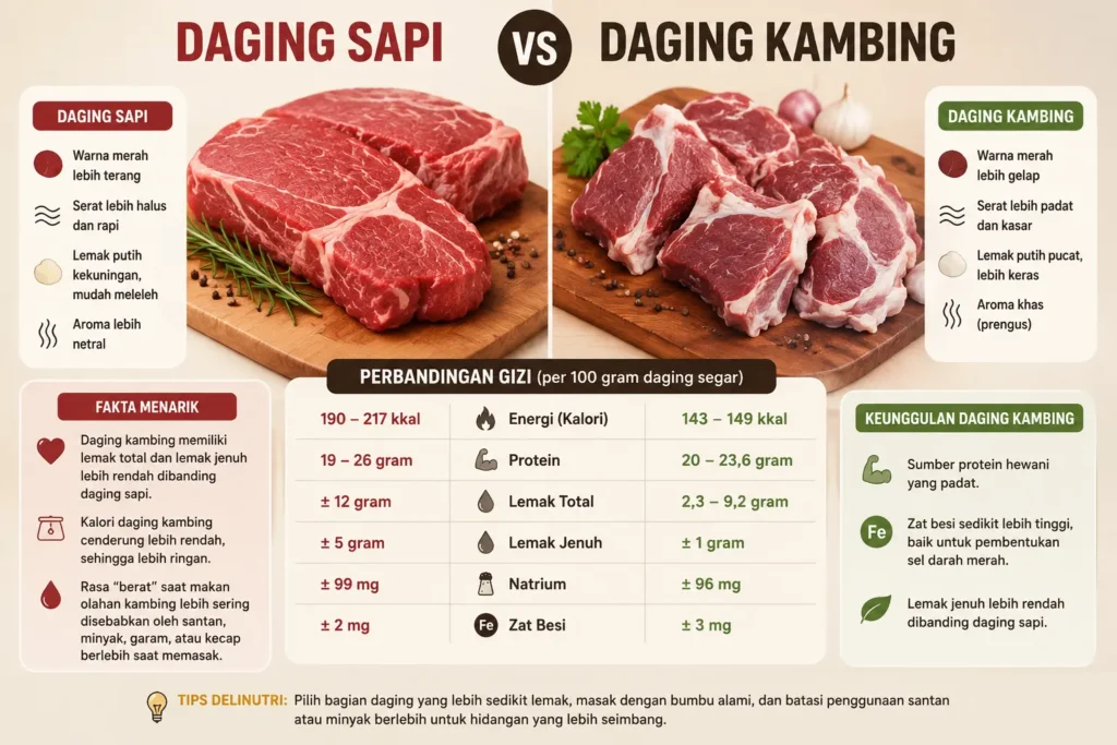  infografis perbedaan nutrisi per 100 gram daging segar sapi dan kambing