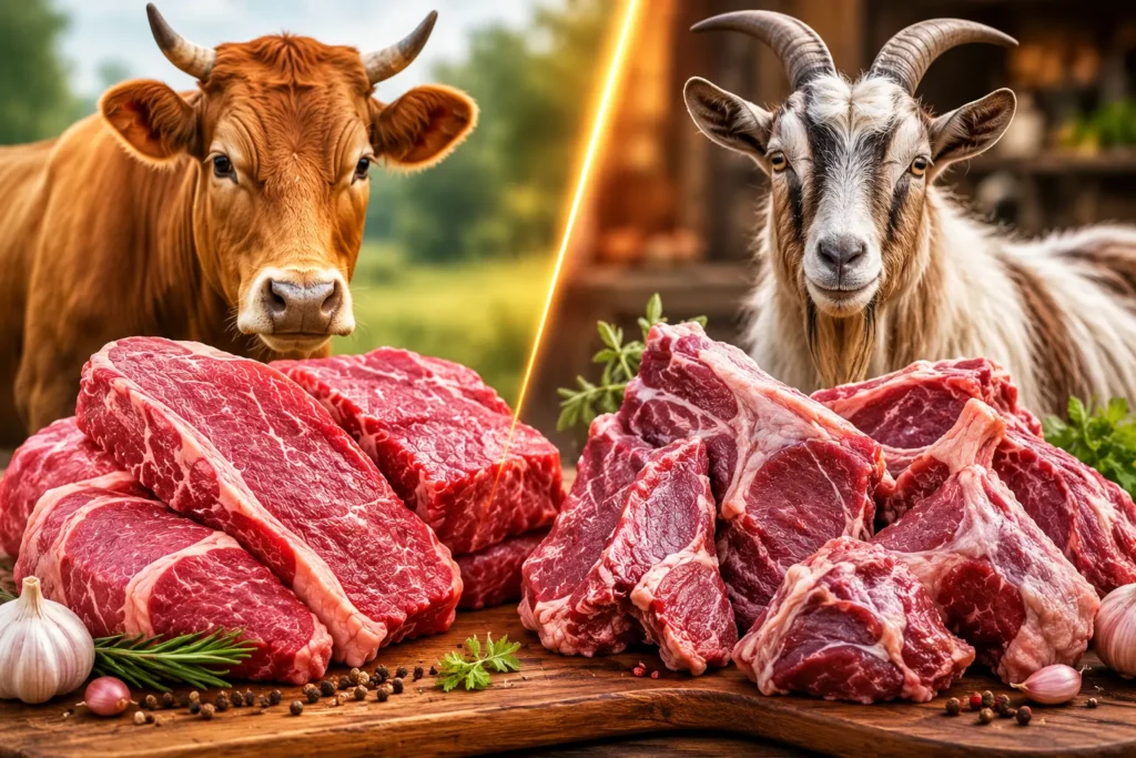 Perbedaan visual daging sapi yang merah terang dibandingkan daging kambing yang merah lebih gelap