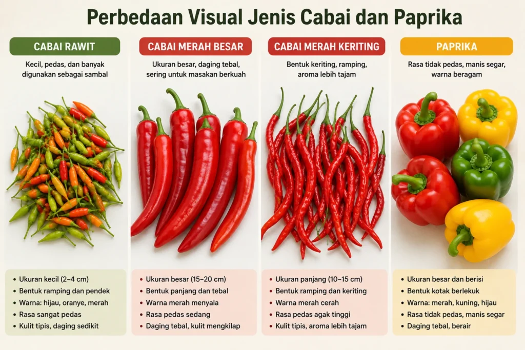 Perbedaan visual cabai rawit, cabai merah besar, cabai keriting, dan paprika