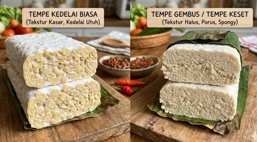 Perbedaan visual tempe kedelai biasa yang nampak padat dan tempe gembus yang nambah berpori