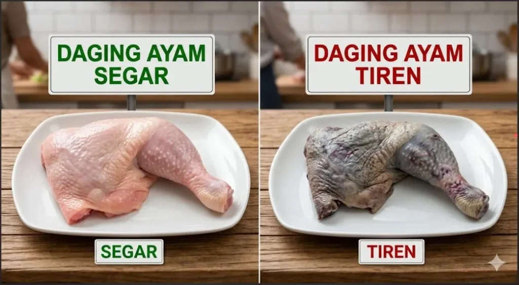 Hati-Hati dengan Ayam Tiren! Kenali Ciri-Ciri dan Bahayanya Bagi Tubuh Perbedaan daging ayam segar yang berwarna merah muda vs daging ayam tiren yang berwarna pucat kebiruan