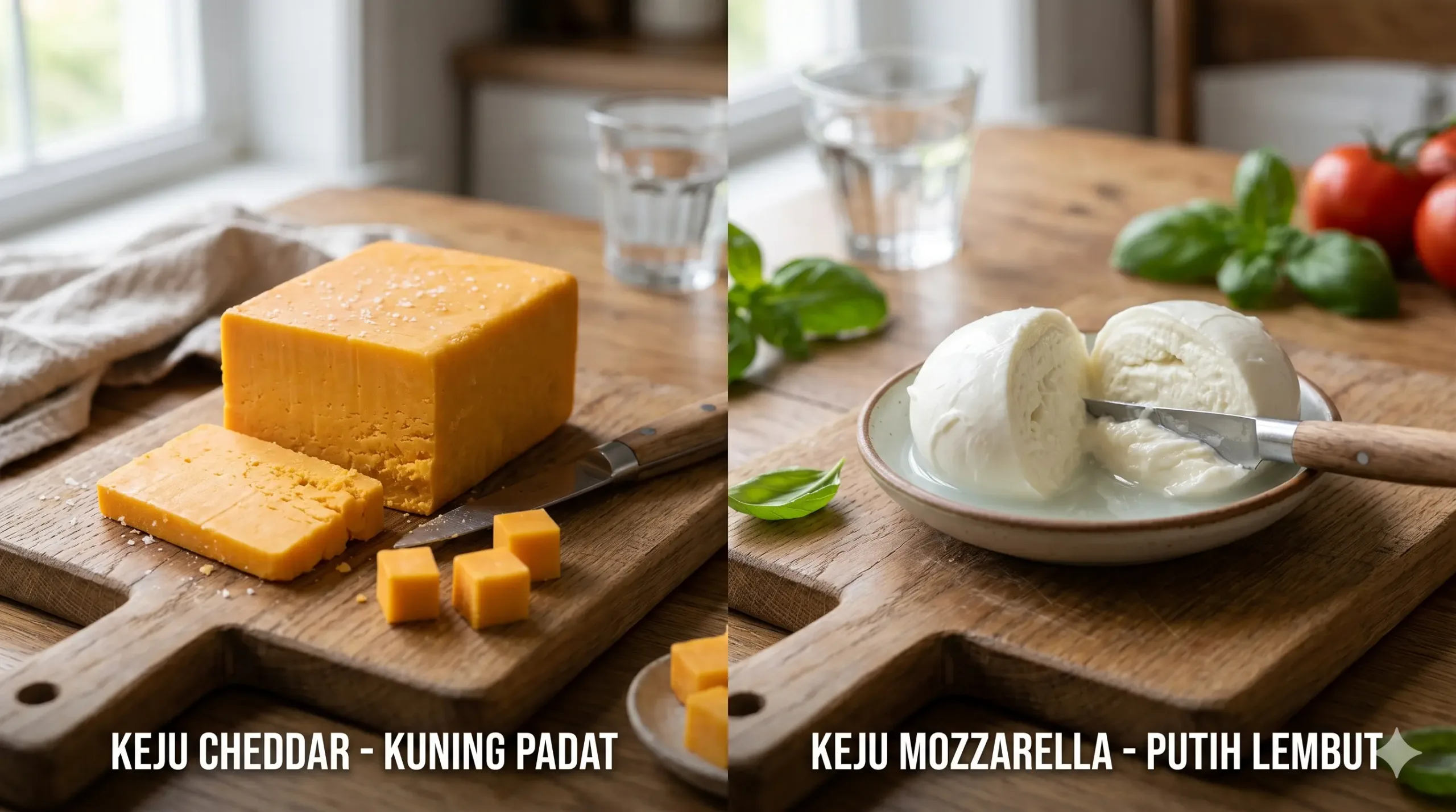 Perbedaan keju cheddar yang kuning padat vs keju mozzarella yang putih lembut