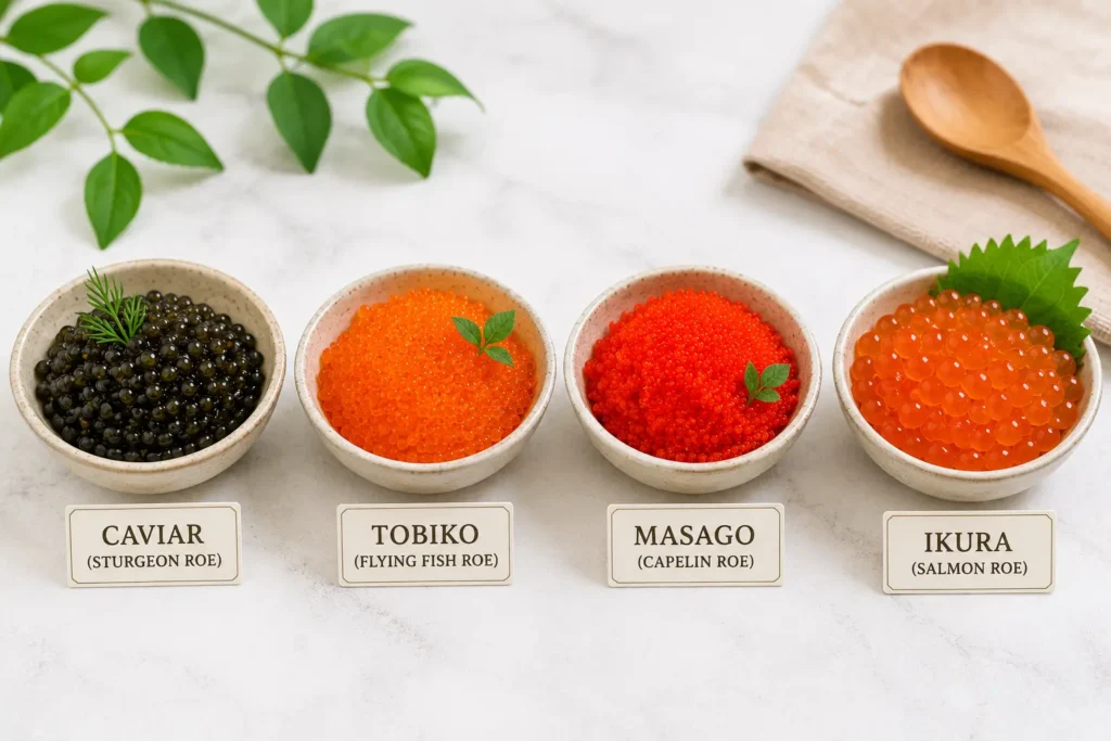 caviar, tobiko, masago, dan ikura