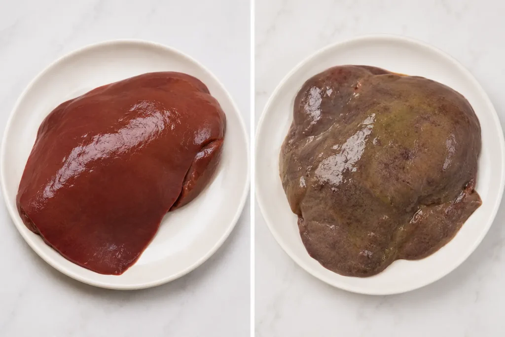 Perbandingan visual perbedaan hati sapi normal vs hati sapi tidak layak konsumsi yang berubah warna dan berlendir