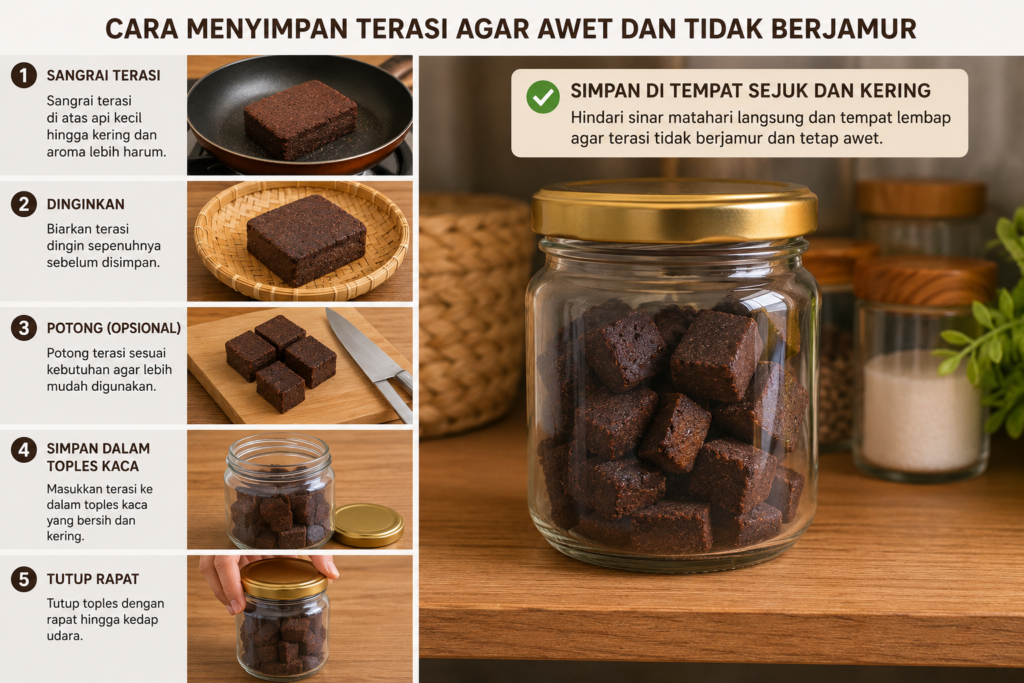 Langkah menyimpan balok terasi yang sudah disangrai kering di dalam toples kaca tertutup rapat kedap udara di rak dapur yang sejuk 