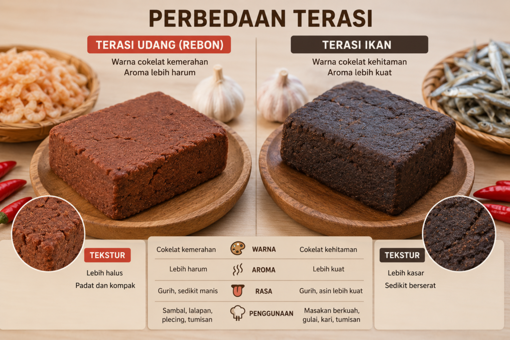 Perbandingan visual tekstur padat kering terasi udang rebon berwarna cokelat kemerahan dengan terasi ikan lokal yang berwarna lebih gelap pekat