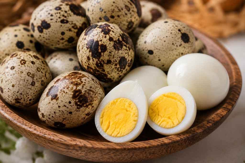 Bosan Telur Ayam? Coba Telur Puyuh, Si Mungil yang Padat Gizi telur puyuh utuh bersanding dengan telur puyuh kupas yang dipotong dua (memperlihatkan kuning telur padat)