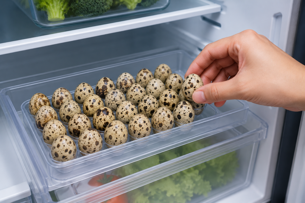 Bosan Telur Ayam? Coba Telur Puyuh, Si Mungil yang Padat Gizi Langkah menata barisan telur puyuh segar dengan posisi bagian tumpul menghadap ke atas di dalam wadah egg tray kulkas bawah
