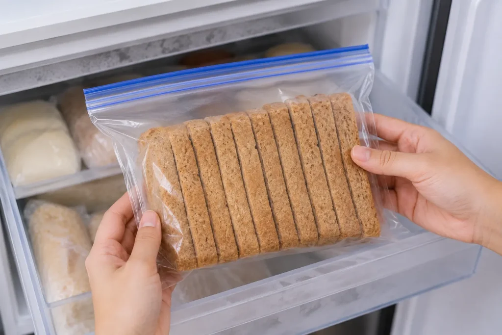 Lembaran roti gandum yang disusun rapi di dalam wadah plastik hampa udara (ziplock bag) sebelum dimasukkan ke dalam freezer kulkas