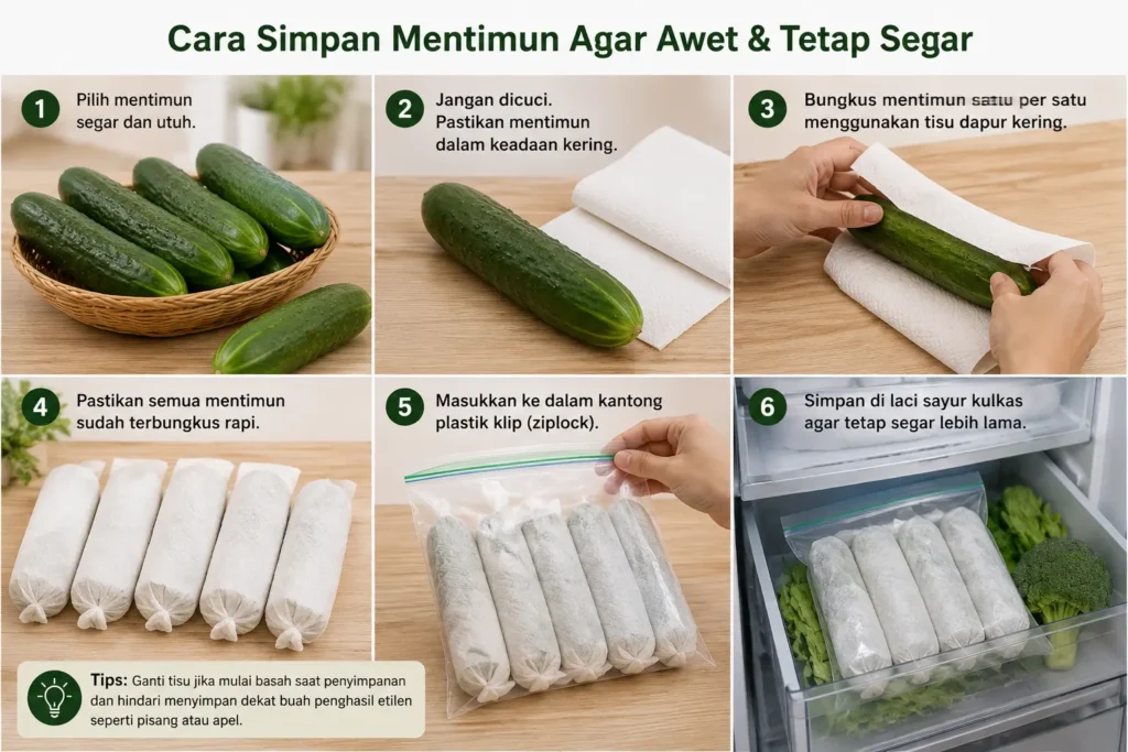 Langkah membungkus mentimun utuh menggunakan tisu dapur kering secara individual sebelum dimasukkan ke kantong plastik klip ziplock sejuk kulkas 