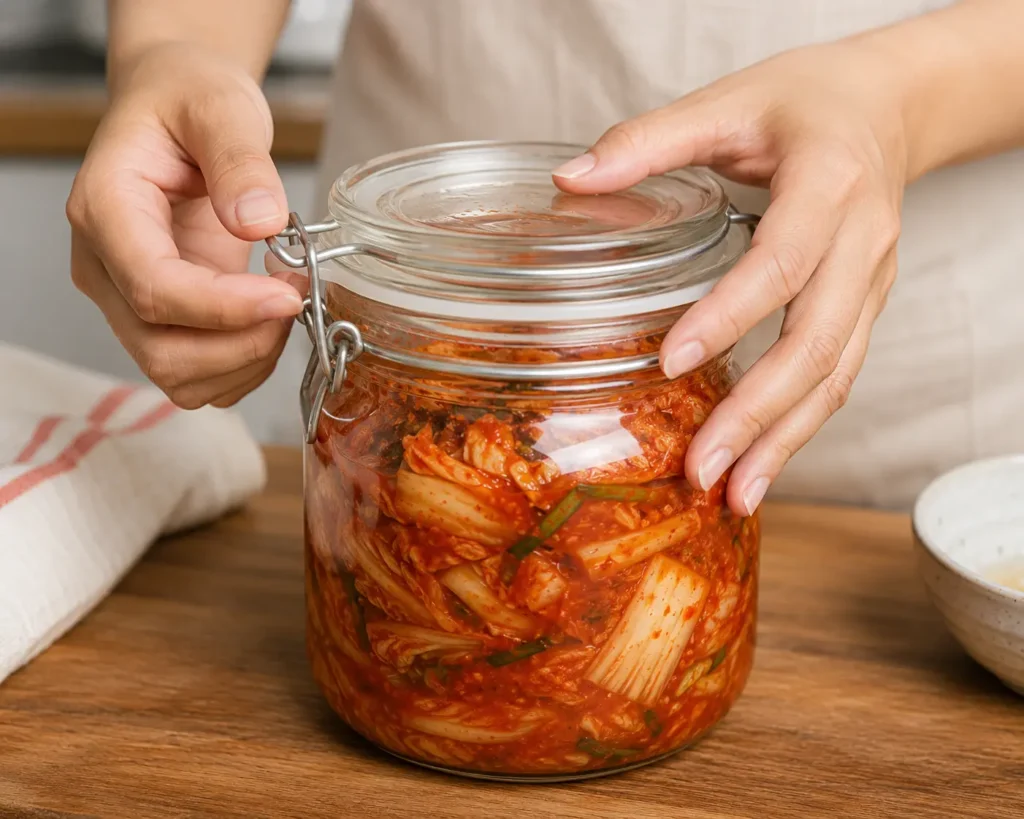 Menyimpan kimchi di wadah kedap udara agar tidak cepat busuk
