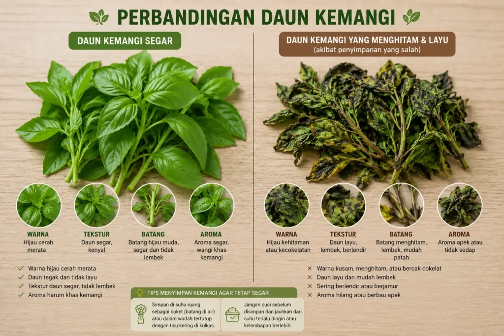 Daun Kemangi: Kenapa Selalu Jadi Lalapan dan Bedanya dengan Basil Perbandingan daun kemangi segar dan daun kemangi yang menghitam serta layu akibat penyimpanan yang salah
