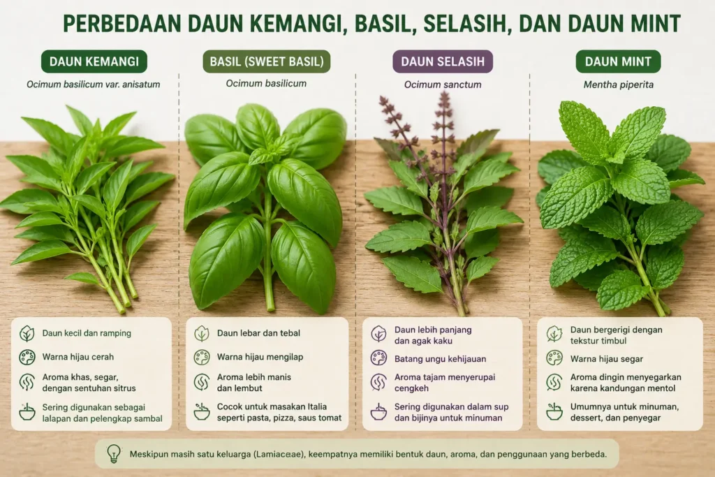 Daun Kemangi: Kenapa Selalu Jadi Lalapan dan Bedanya dengan Basil Perbedaan visual daun kemangi, basil, selasih, dan daun mint yang disusun berdampingan