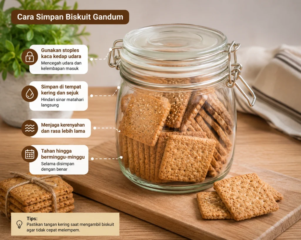 Biskuit gandum disimpan dalam stoples kaca kedap udara untuk menjaga kerenyahan dan kualitasnya