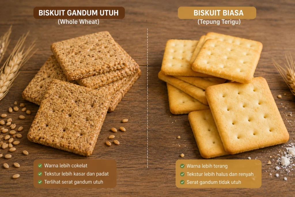 Perbedaan visual biskuit gandum utuh dan biskuit biasa disusun berdampingan