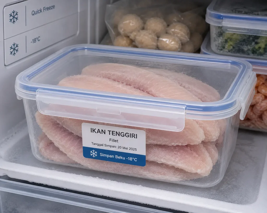 Ikan Tenggiri: Kandungan Gizi, Cara Simpan, dan Alasan Jadi Pempek Fillet ikan tenggiri disimpan dalam wadah kedap udara di dalam freezer