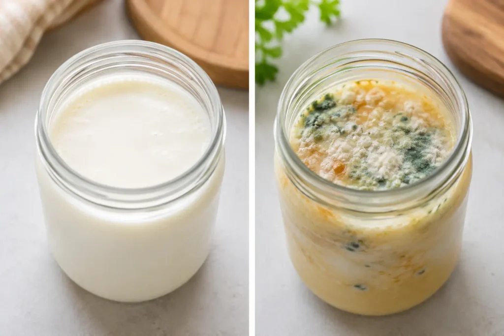 Perbandingan kefir yang masih ayak konsumsi berwarna putih vs kefir yang tidak layak dikonsumsi menunjukkan perubahan warna, tekstur, dan muncul jamur berwarna hijau atau hitam