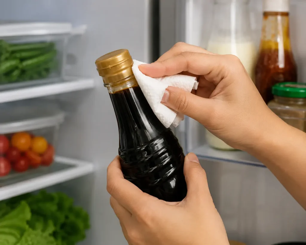 Cara simpan kecap Sebuah tangan sedang menyeka leher botol kemasan kecap manis menggunakan tisu kering sebelum disimpan rapat dalam lemari es sejuk