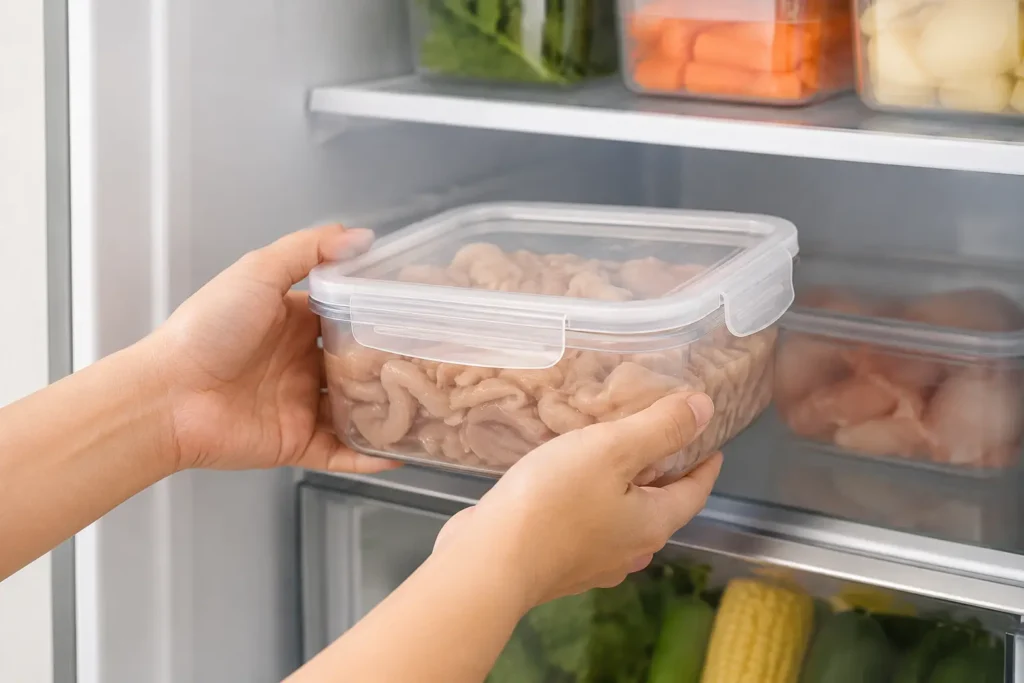 Tips menyimpan usus ayam Sebuah tangan memasukkan wadah kedap udara berisi usus jeroan ayam bersih ke kulkas