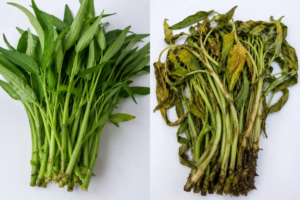 Perbandingan antara kangkung normal yang masih bisa dikonsumsi vs kangkung yang daun menguning atau hitam