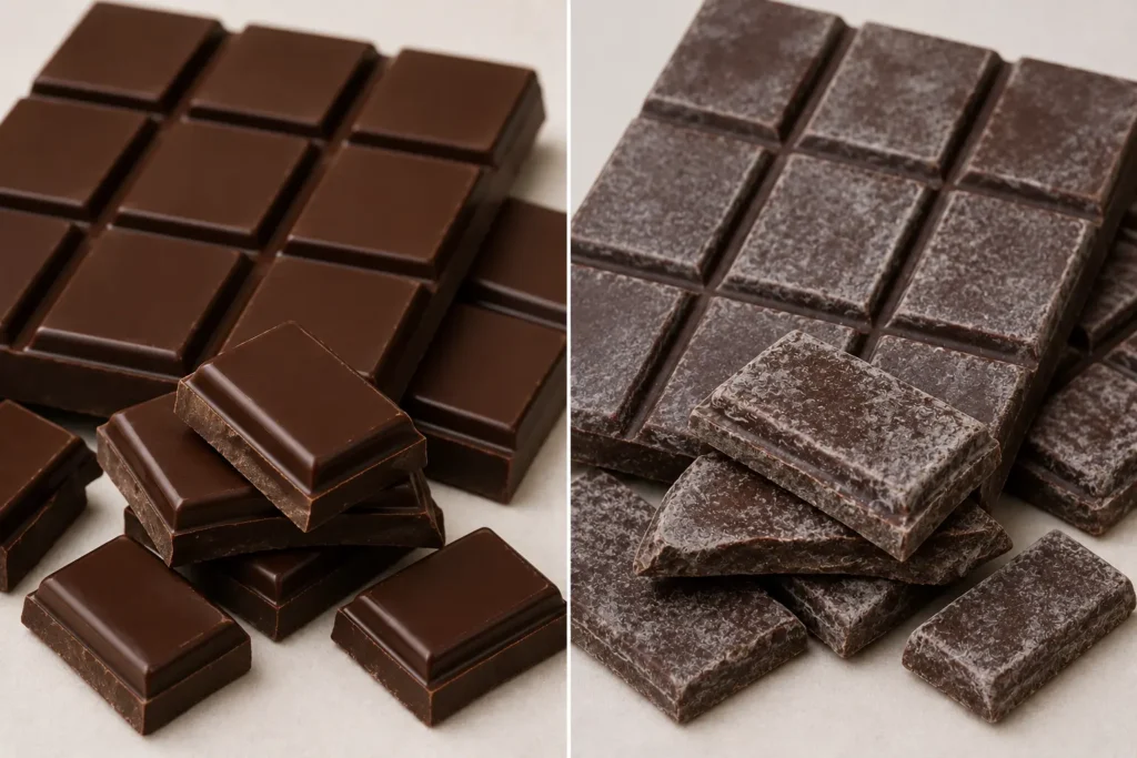 Perbandingan visual cokelat yang masih layak konsumsi vs cokelat yang mengalami fat bloom