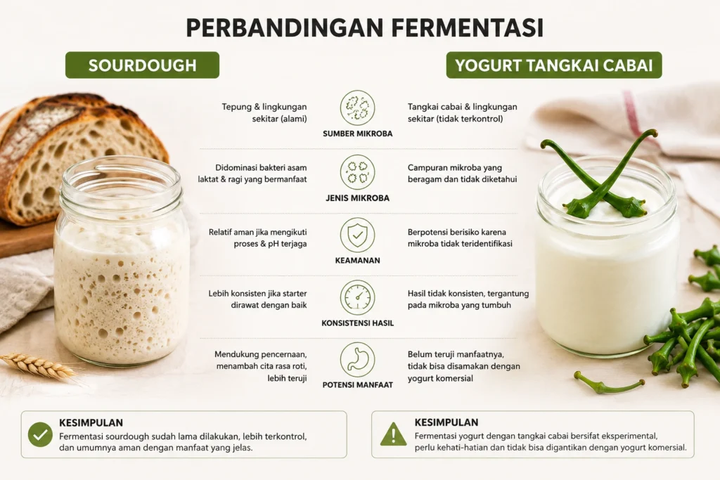 perbandingan fermentasi liar sourdough dan yogurt tangkai cabai