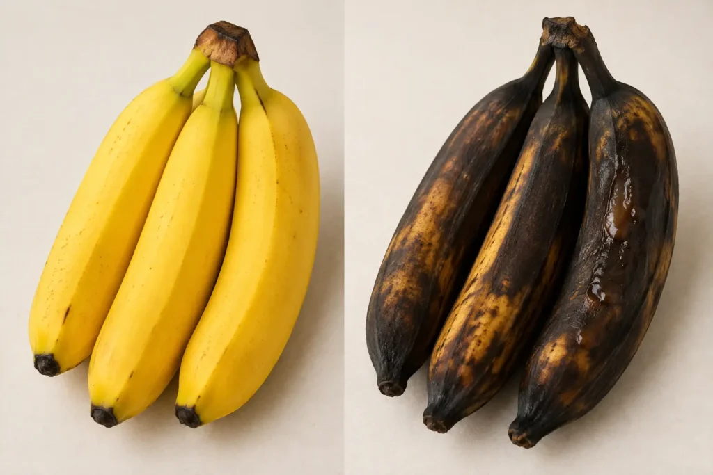 Perbandingan visual pisang dengan kulit normal vs pisang dengan kulit berubah menjadi hitam hampir seluruhnya disertai bagian yang lembek berair