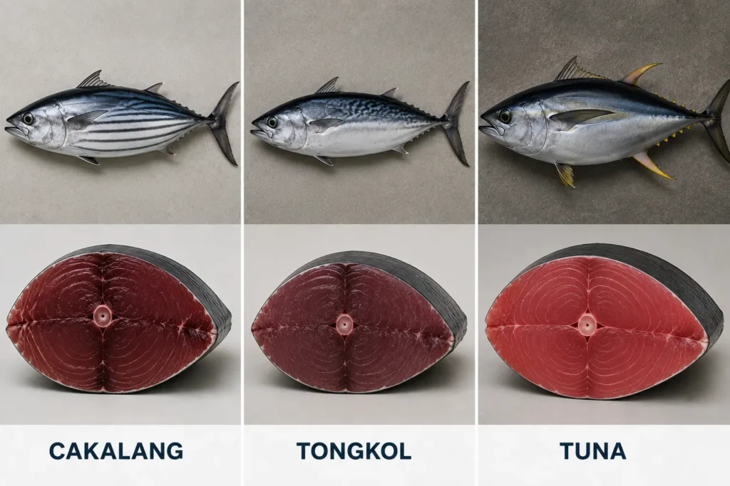 Perbedaan vsual ikan cakalang dan ikan tongkol serta ikan tuna secara fisik dan daging