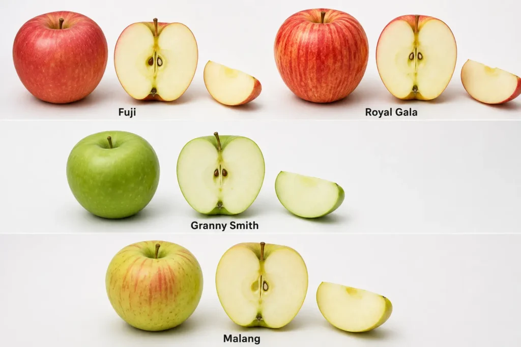 Varietas jenis buah apel segar seperti Fuji, Gala, dan Granny Smith yang kaya akan Vitamin C dan serat.